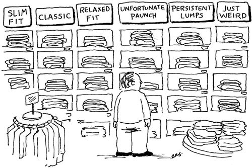 Man looking at 'real' jeans sizes.