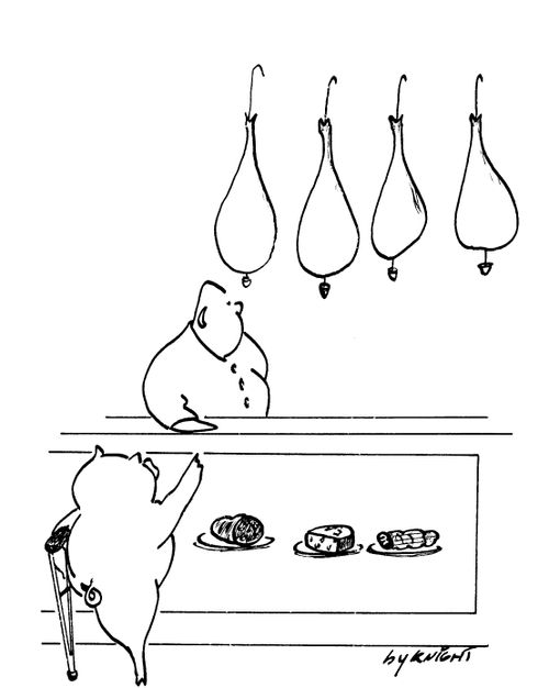 Pig choosing a false leg from a butcher.