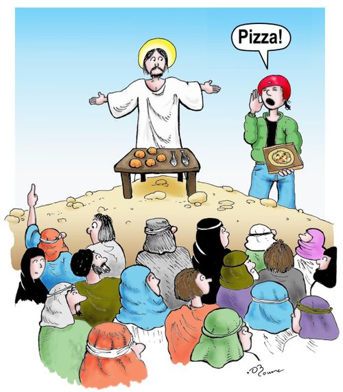 Bloke orders a pizza as Jesus divides the loafs and fishes