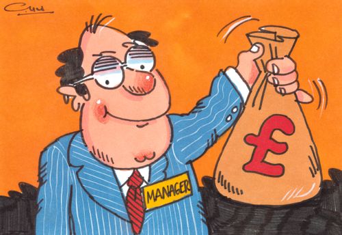 Happy looking manager with a bag of money