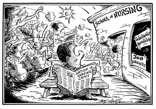 People rushing into 'School of nursing' while a man reads 'Nation in nursing crisis'