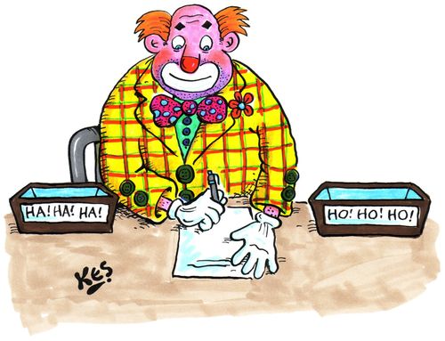 Clown at office desk,with IN/OUT boxes(HA! HA! HA!...HO! HO! HO!).
