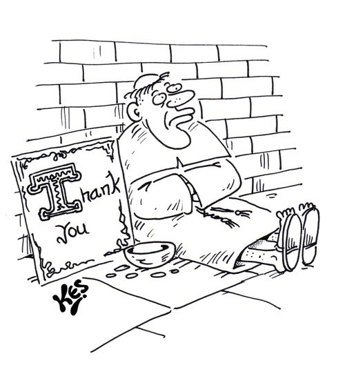 Monk begs with illuminated 'thank you' sign.