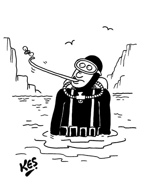 Frogman catches a fly with his tongue.