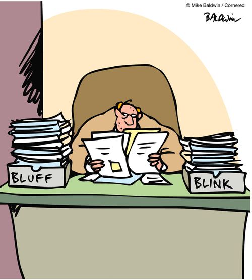In trays read: Bluff/Blink.