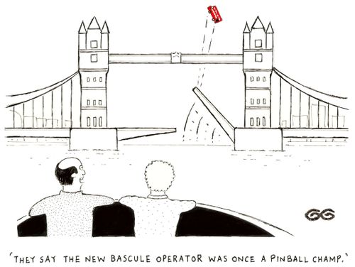 'They say the new bascule operator was once a pinball champ.' (London bus being flicked into the air).