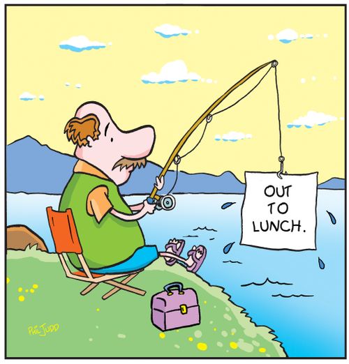 Guy sitting on bank pulling fishing rod out of water with sign from fish attached to hook: Out to Lunch.