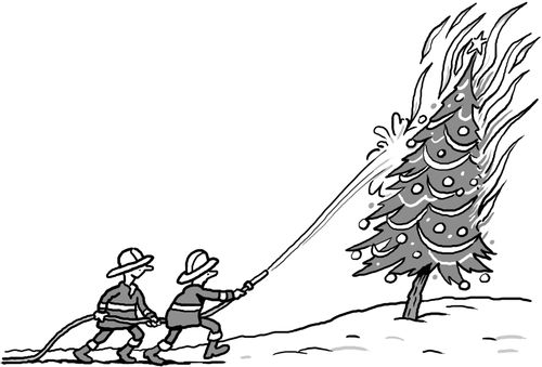 Two firemen hosing a blaze in a christmas tree.