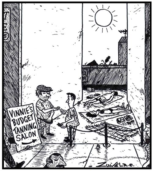 Visual Gag: Vinnie's budget tanning salon / a con charging people money to lay in the sun to get a suntan