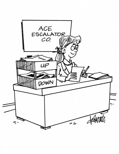 Woman in office of Ace Escalator Co. has boxes marked 'Up and 'Down'