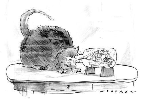 Cat eying mouse on ship in a bottle.