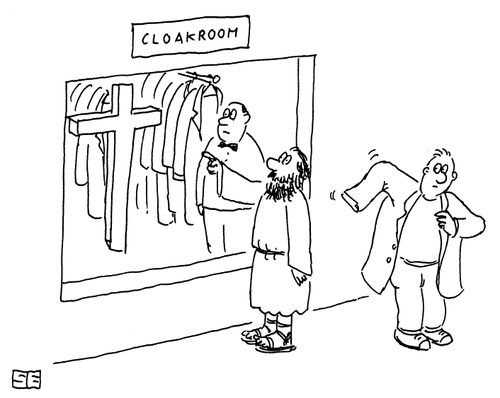 Jesus checks in his cross at the cloakroom.