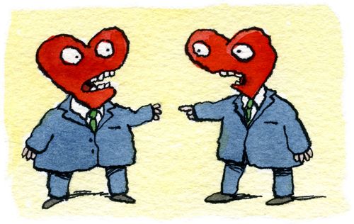 Two hearts arguing.