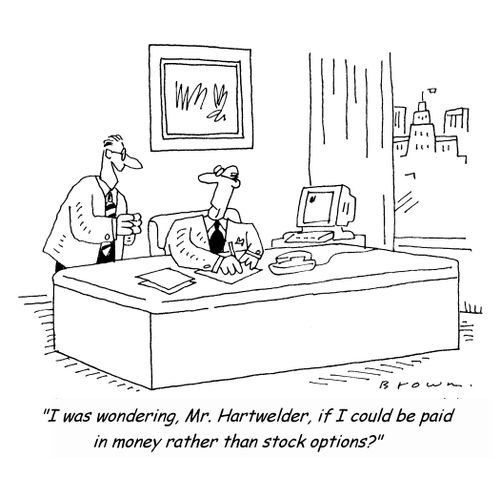 'I was wondering, Mr. Hartwelder, if I could be paid in money rather than stock options?'