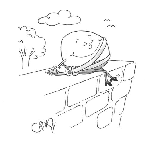 Humpty Dumpty wearing over-the-shoulder seat belt smiles smugly.       