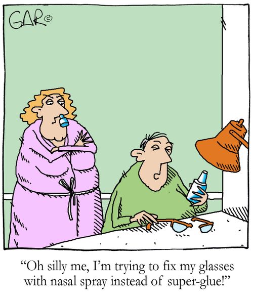 'Oh silly me, I'm trying to fix my glasses with nasel spray instead of super-glue!'
