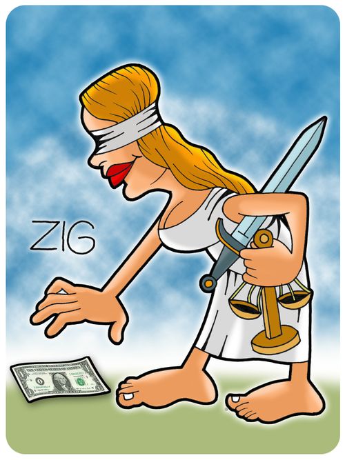 Justitia, the goddess of justice, is picking a dollar bill from the ground.
