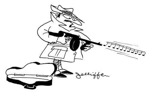 Gangster shoots musical notes.
