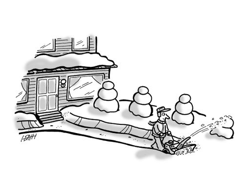 Making snowmen with a snowblower.