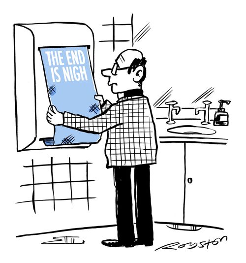 Vicar pulls public-toilet hand towel which reads 'The end is nigh'