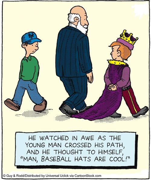 He watched in awe as the young man crossed his path and he thought to himself 'Man, baseball hats are cool!'