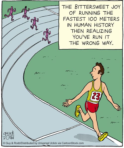The bittersweet joy of running the fastest 100 meters in human history then realizing you've run it the wrong way.