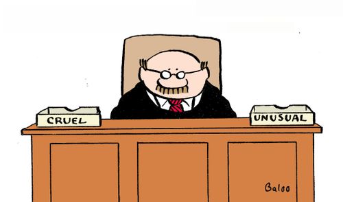 Judge with 'Cruel' and 'Unusual' desk trays.