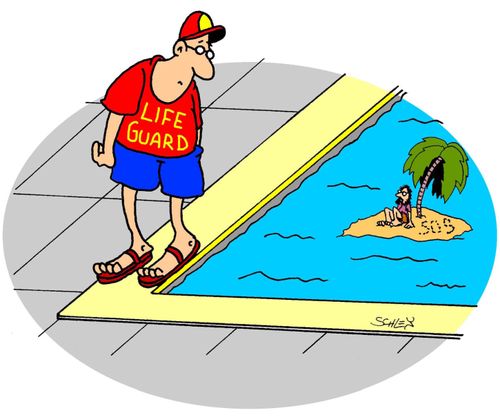Life guard sees a woman on a desert island in a swimming pool.