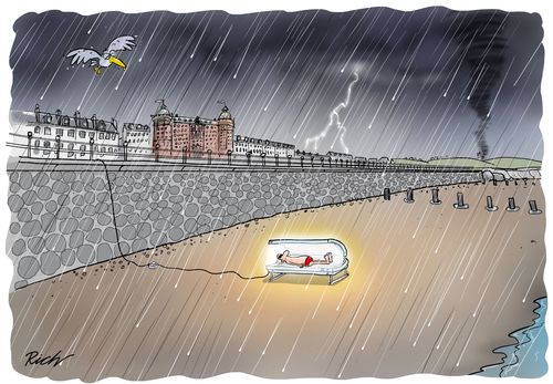 English Summer: Man in a tanning bed on the beach in the middle of a storm.