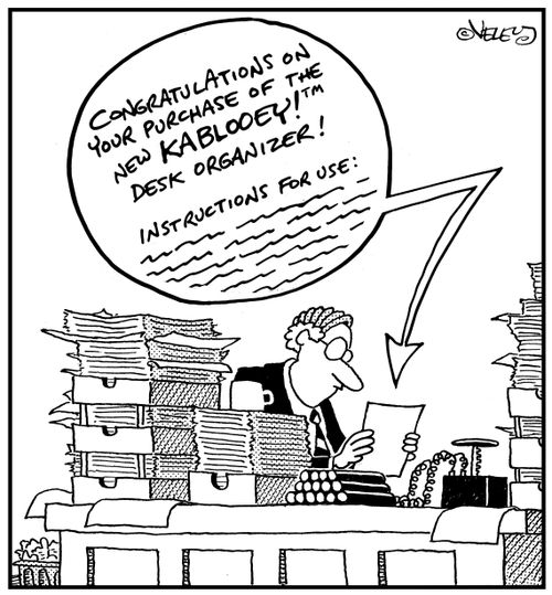 'Congratulations on your purchase of the new Kablooey! Desk Organizer! Instructions for use...'