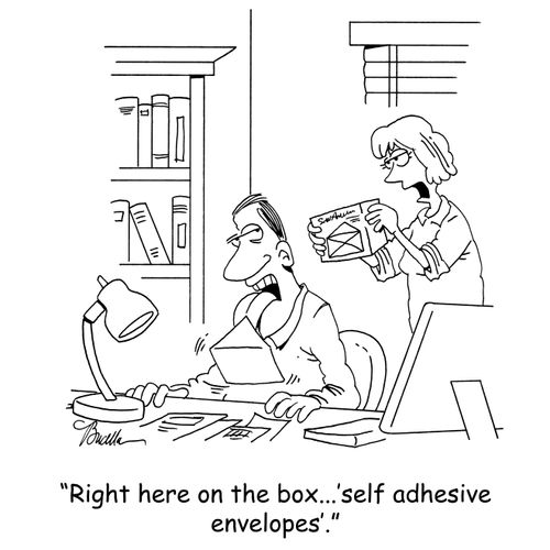 'Right here on the box...'self adhesive envelopes'.'