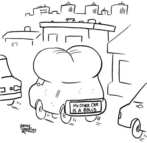 Car shaped like a bun has bumpersticker: 'My other car is a Rolls'