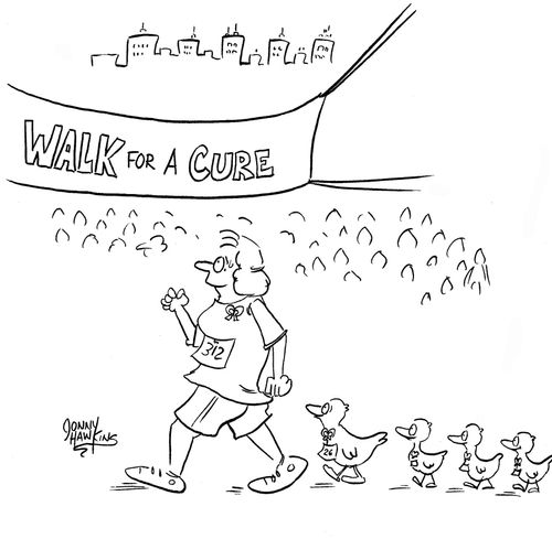 Lady in 'Walk for a Cure' with duck mother and her ducklings walking as well.