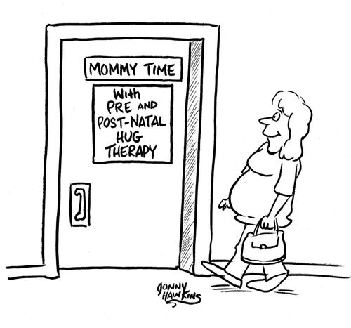 Pregnant woman enters door marked: 'Mommy Time ... With Pre and Post-Natal Hug Therapy'