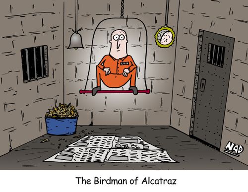 The Birdman of Alcatraz - a guy in prison sitting on a perch with newspaper down, bird seed, a bell and mirror