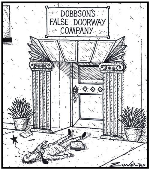 Dobbson's False Doorway Company A man has walked into an actual painted Trompe l'oeil False Doorway and has got knocked out .
