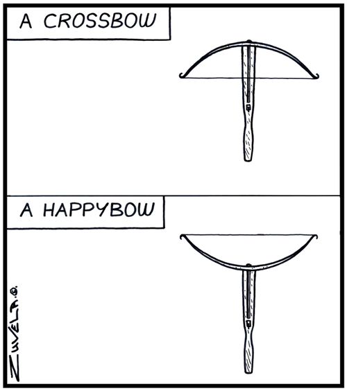 An angry crossbow and a happy crossbow.