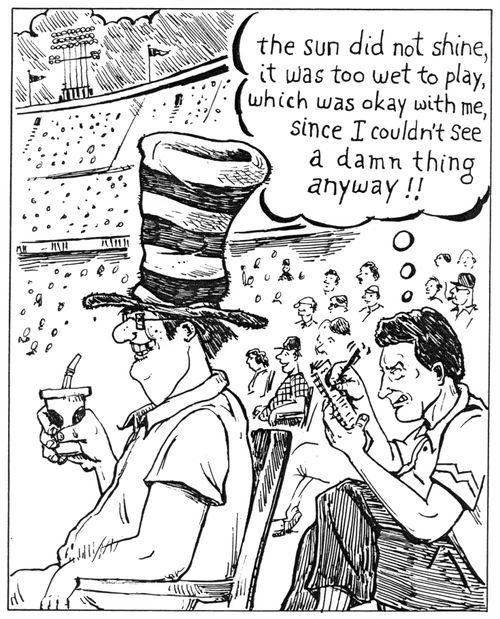 Fan at stadium with huge hat blocks others view.