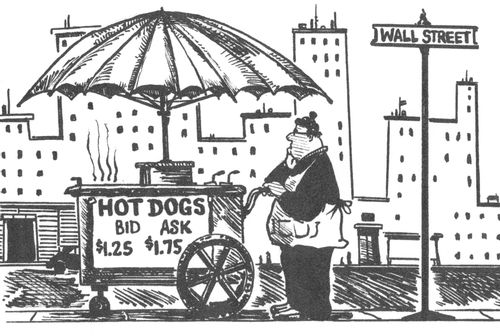 Hot dog cart on Wall Street has sign showing the bid and ask prices for a hot dog.