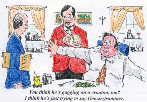 'You think he's gagging on a crouton, too? I think he's just trying to say Gewurztraminer.'