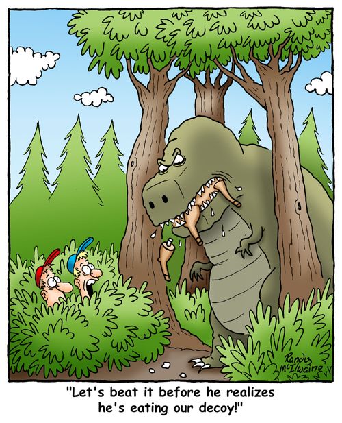 'Let's beat it before he realizes he's eating our decoy!'