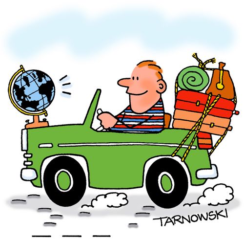Traveller with a globe on the front of his car.