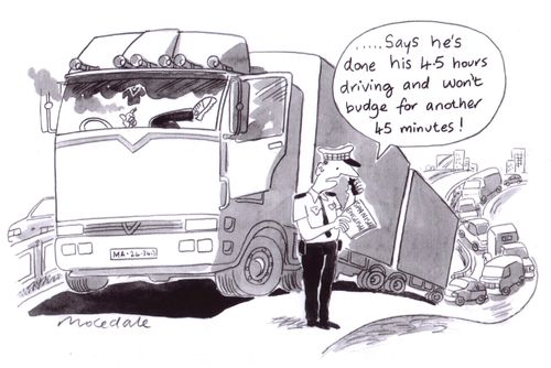 'Says he's done his 4.5 hours driving and won't budge for another 15 minutes!'
