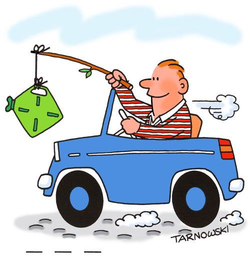 Encouraging a car with a fuel can on a stick.