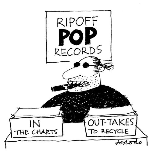 'Rip-off Pop Records' office with 'In the charts' and 'Out-takes to recycle' trays.