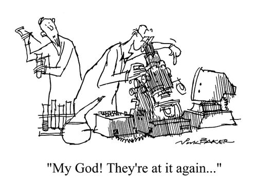 Scientist looking down microscope - "My God! They're at it again.."
