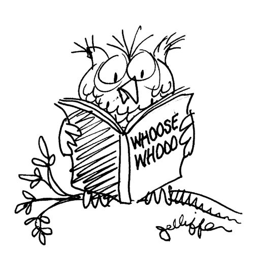 Owl reading book entitled 'Whoose whooo'.