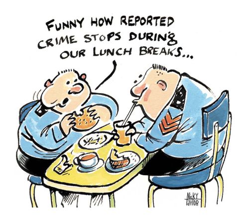 Policemen enjoying lunch ponder low crime reportage at lunch time.