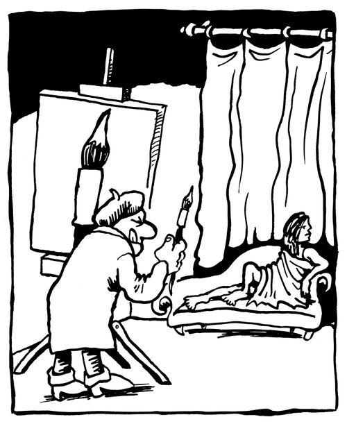 Artist painting his brush instead of model.