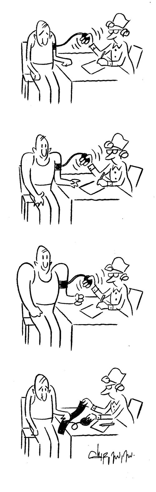Nurse gives skinny man muscles by testing his blood pressure.